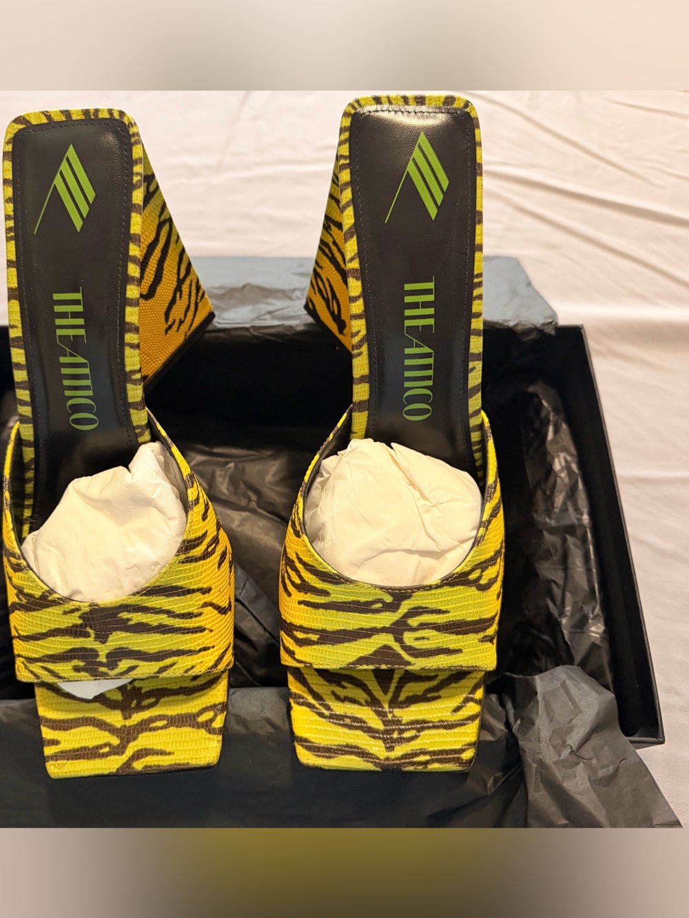 The Attico Yellow and Black Zebra-Print Slide Sandals